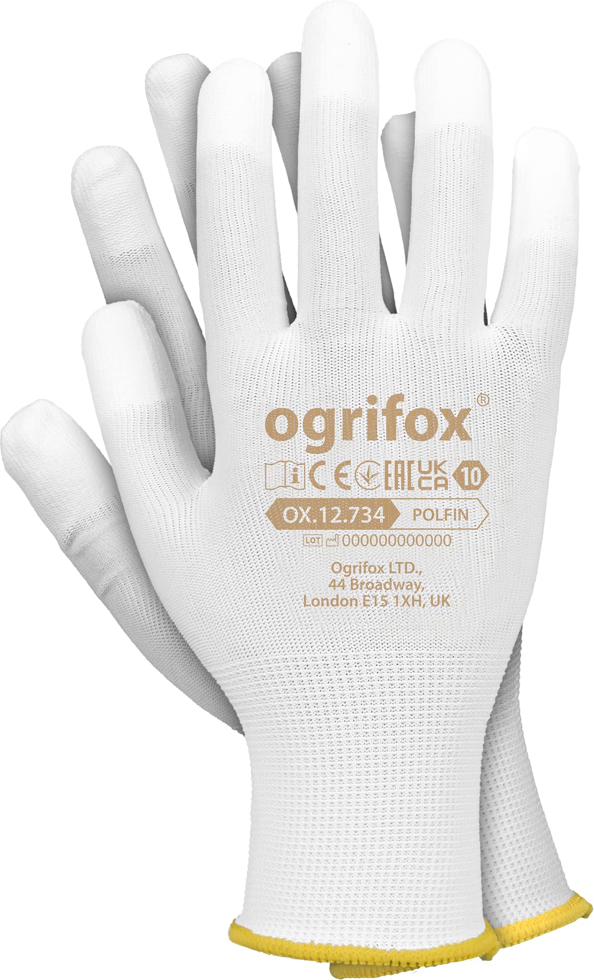 Ogrifox OX-POLFIN Guanti in poliestere con rivestimento in poliuretano sulla punta delle dita, guanti protettivi, guanti da lavoro, guanti da giardinaggio OX.12.734, Bianco, Taglia 7, 240 paia