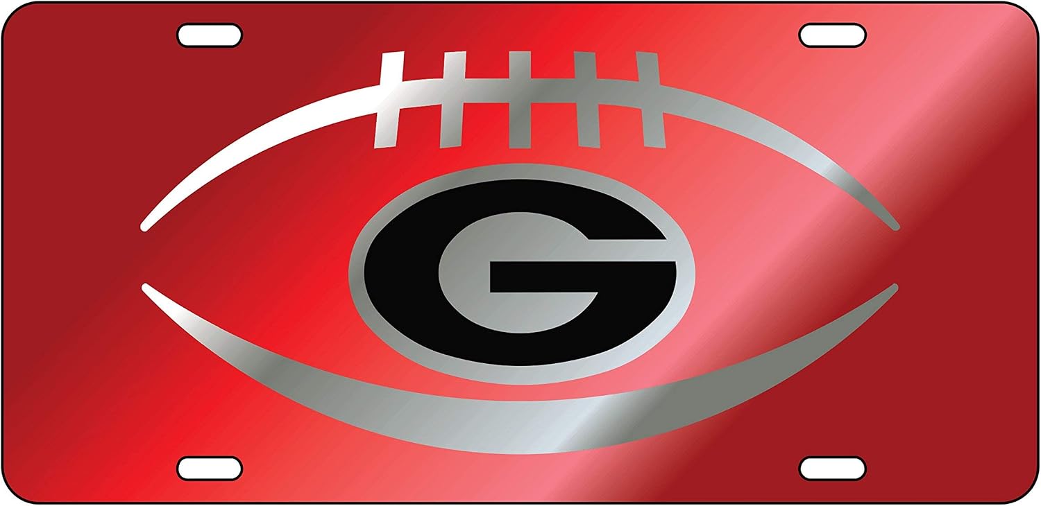 Sports Addiction Georgia Bulldogs Mirror Laser License Plate Tag Mirro Red Background, Silver, Black - Football and G Logo