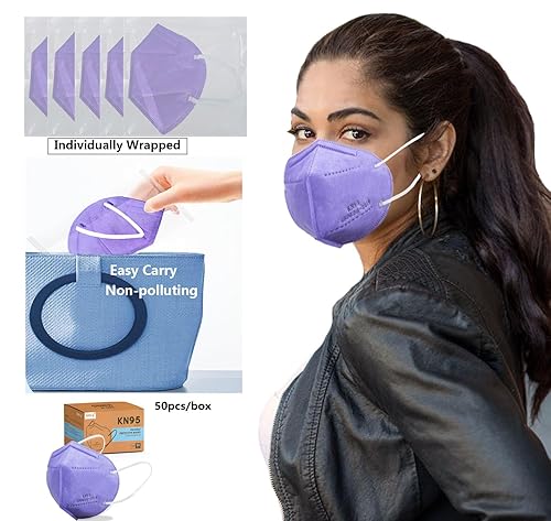 Miniatura 3 de Mascarilla KN95, 50 unidades, envueltas individualmente, mascarillas desechables de 5 capas moradas para adultos, eficiencia del filtro del 95 %,