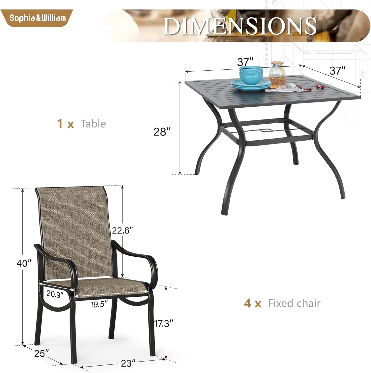 Sophia & William Patio Dining Set Outdoor Dining Set for 4 Patio Table and Chairs Set Patio Set with Fixed Patio Chairs 37"x 37" Metal Table for Garden Pool All Weather Brown