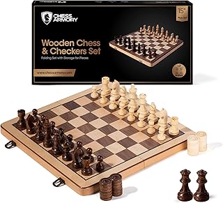 Chess Armory Premium Checkers and Chess Set - Wooden Board Game with a Portable Wood Case and Secure Storage for Pieces, Set for Kids and Adults (Beech Wood)