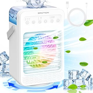 Air Cooler, ZASTION 90° Oscillating Portable Mobile Air Conditioner, 4 In 1 Mini Evaporative Coolers, Personal Desk Fan with Timer, Rainbow Lights, 4 Wind Speeds, 2 Spray Modes, for Office Home Dorm