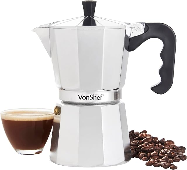 VonShef Stovetop Coffee Maker - 6 Cup (300ml) Aluminium Moka Pot with Replacement Gasket & Filter - Italian Style Espresso Maker for Ground Coffee