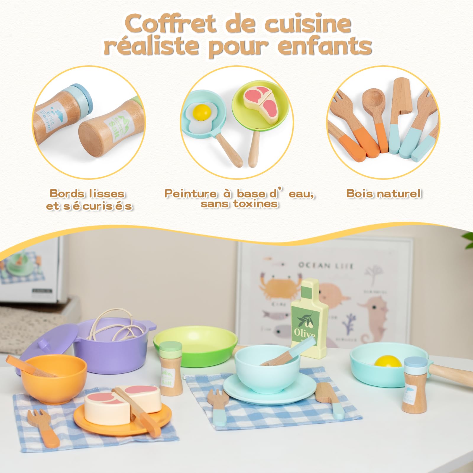 Jouet Dinette en Bois,Accessoire Cuisine Enfant,Kit de Cuisine Enfant Montessori,Bois Pots Casseroles Jouet ,Jeu de Rôle pour Filles Garçons 3 4 5 6 Ans Cadeau Anniversaire Noël