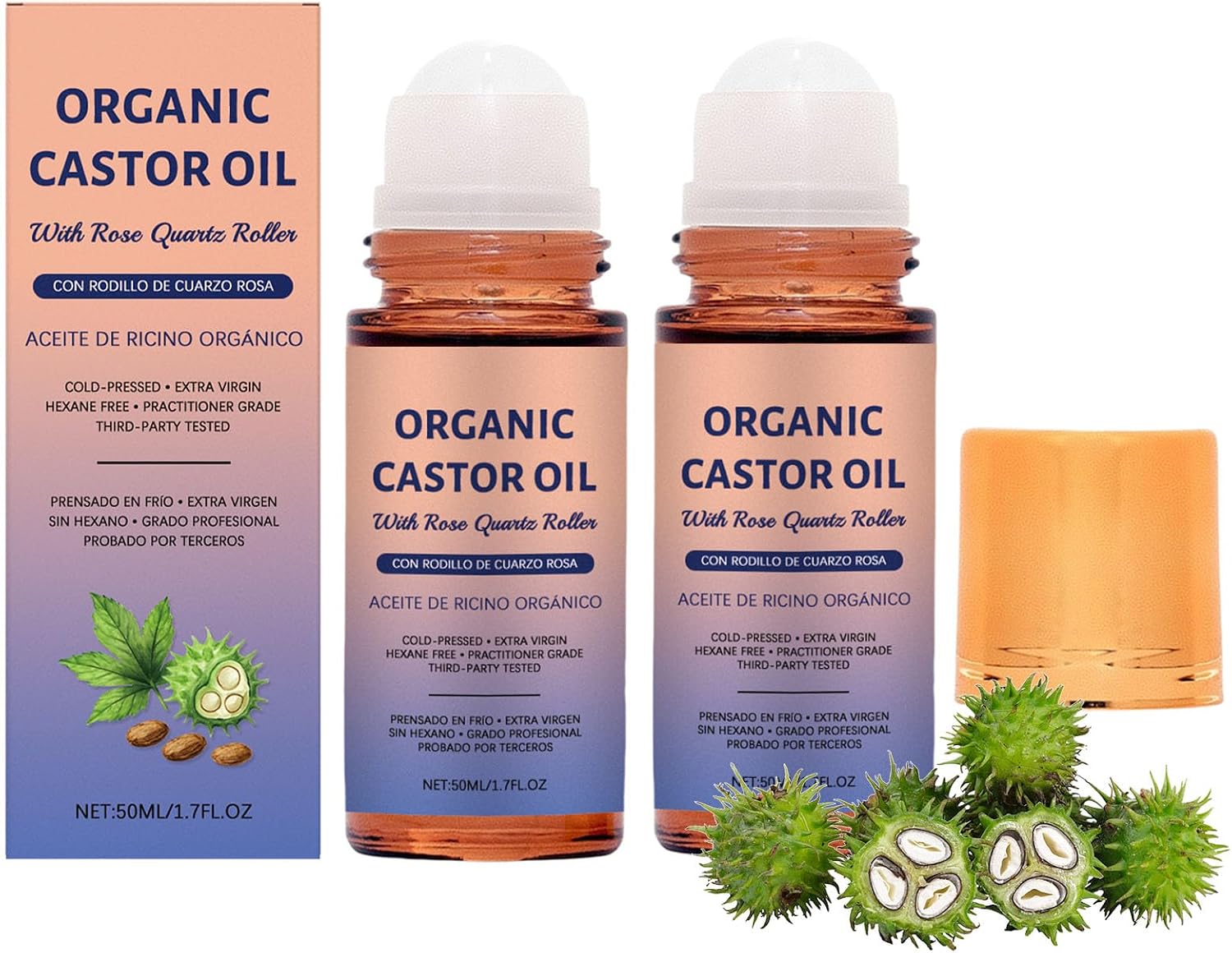 2PCS Organic Castor Oil with Rose Quartz Roller, 100% Castor Oil Organic Cold Pressed, Hexane-Free,Amber Glass Bottle for Skin 1.7oz