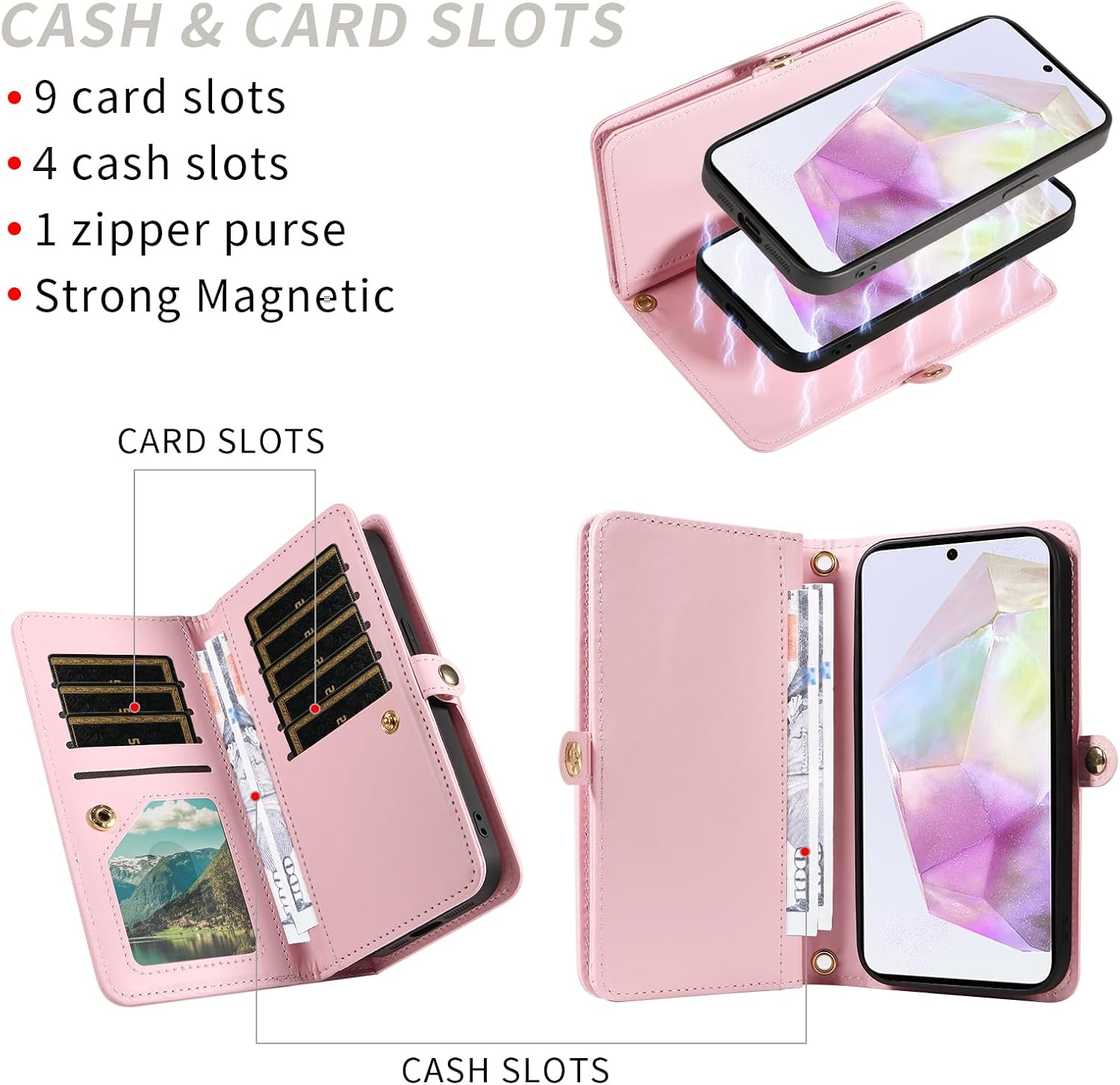 Asuwish Phone Case for Samsung Galaxy A35 5G Zipper Wallet Detachable Magnetic Cell Cover with Tempered Glass Screen Protector Crossbody Strap Bling Flip Credit Card Holder A 35 35A A355G Women Pink