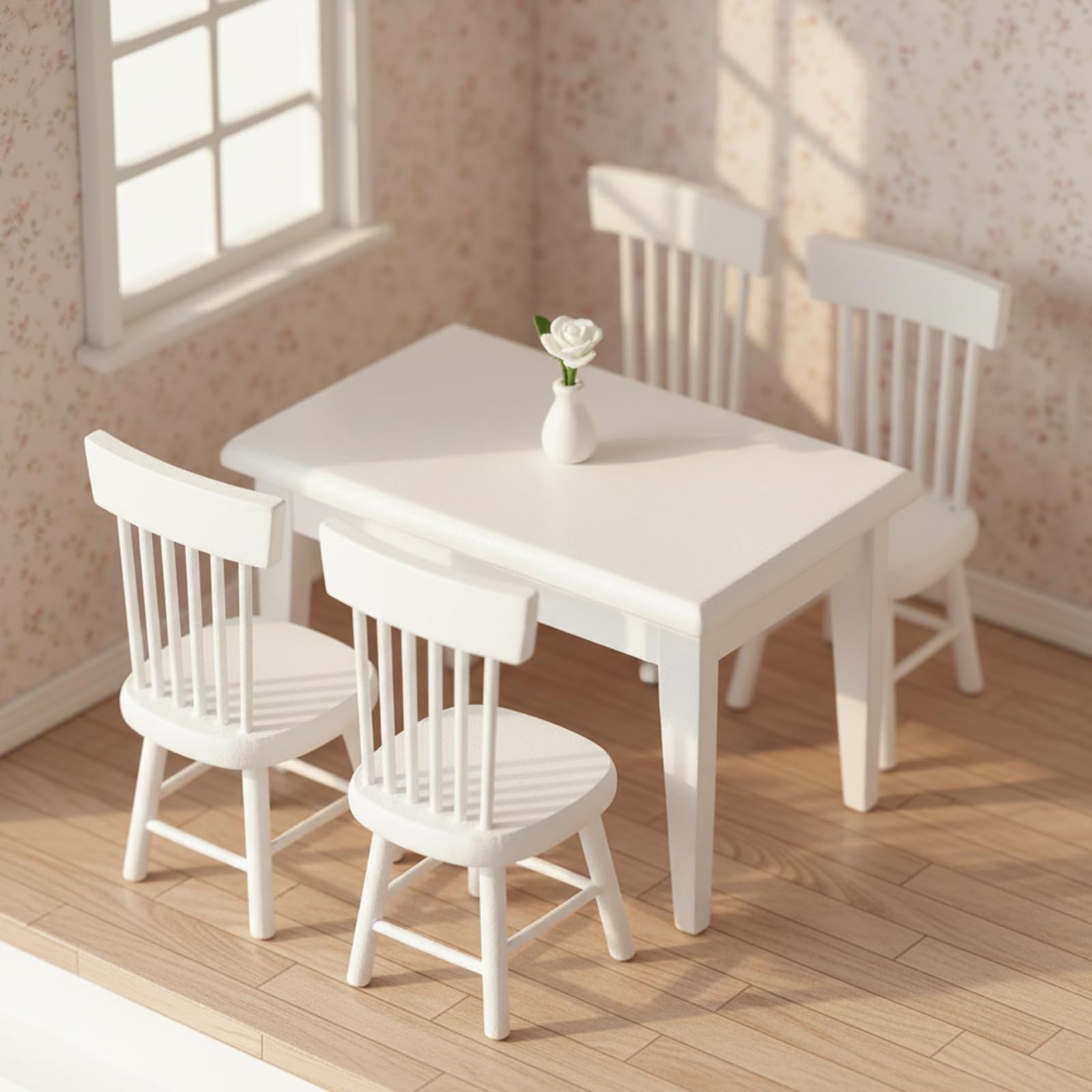 Rachlicy 5PCS/Set Doll House Furniture 1:12 Cute Wooden Doll Table and Chairs Miniature Dollhouse Furniture for Dining Room White