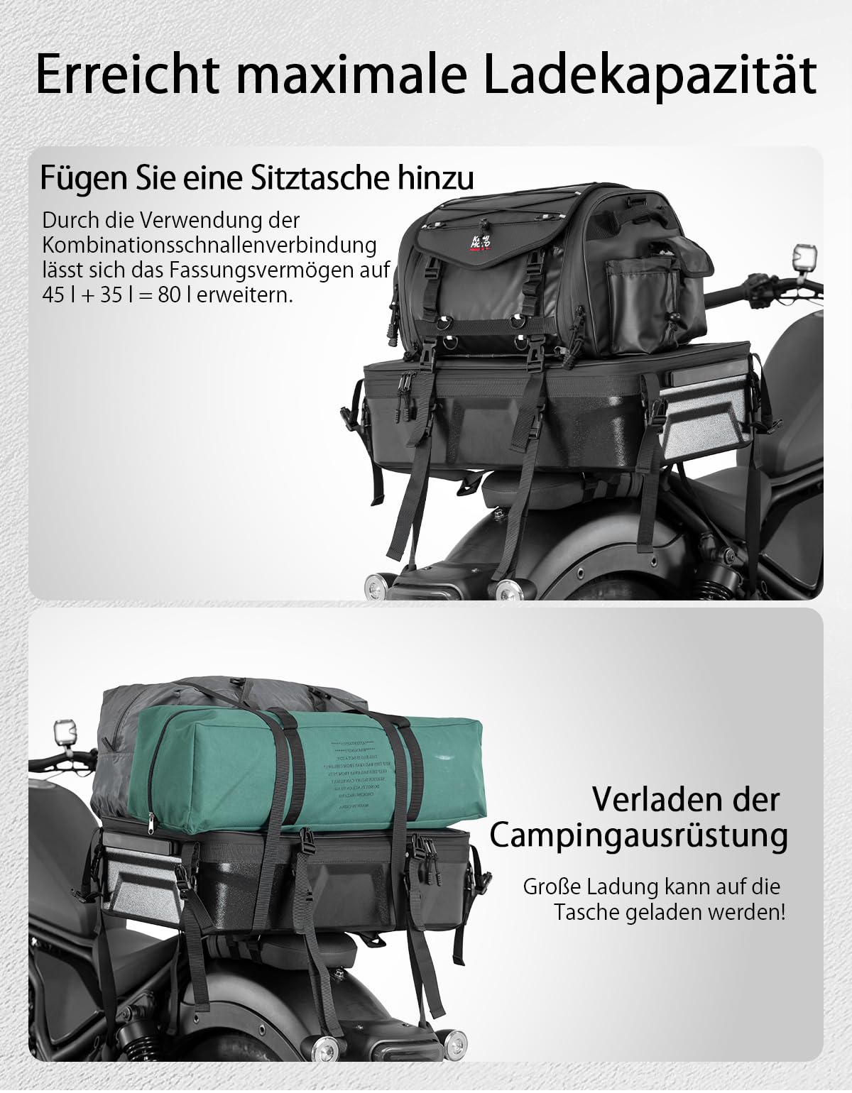 KEMIMOTO Motorrad Tasche 35L, wasserdichte Motorrad Hecktasche, große Kapazität, erweiterbare Satteltasche, Gepäckträgertasche mit Regenhülle, einfache Montage, Schwarz
