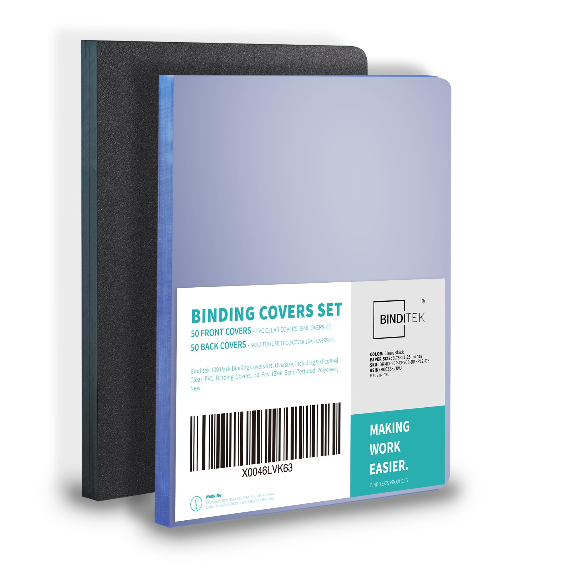 Binditek 100 Pack Binding Covers and Backs Set, 8.75 x 11.25 Inches, 50 Clear PVC (8Mil), 50 Sand-Textured Polycovers (12Mil), Oversize