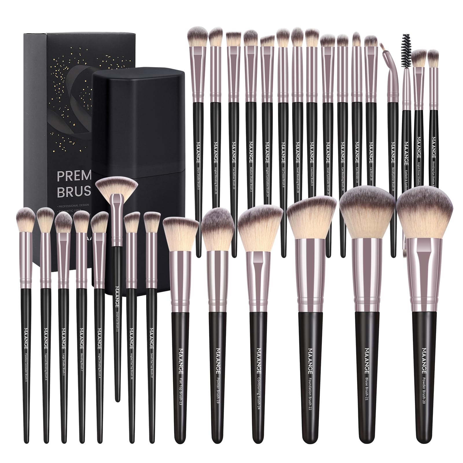MAANGE 30 Pcs Professional Makeup Brushes with Case, Premium Synthetic Face Foundation Powder Blush Eyeshadow Blending Eye Brush Set Travel Makeup Brushes Set(BlackCoffee))