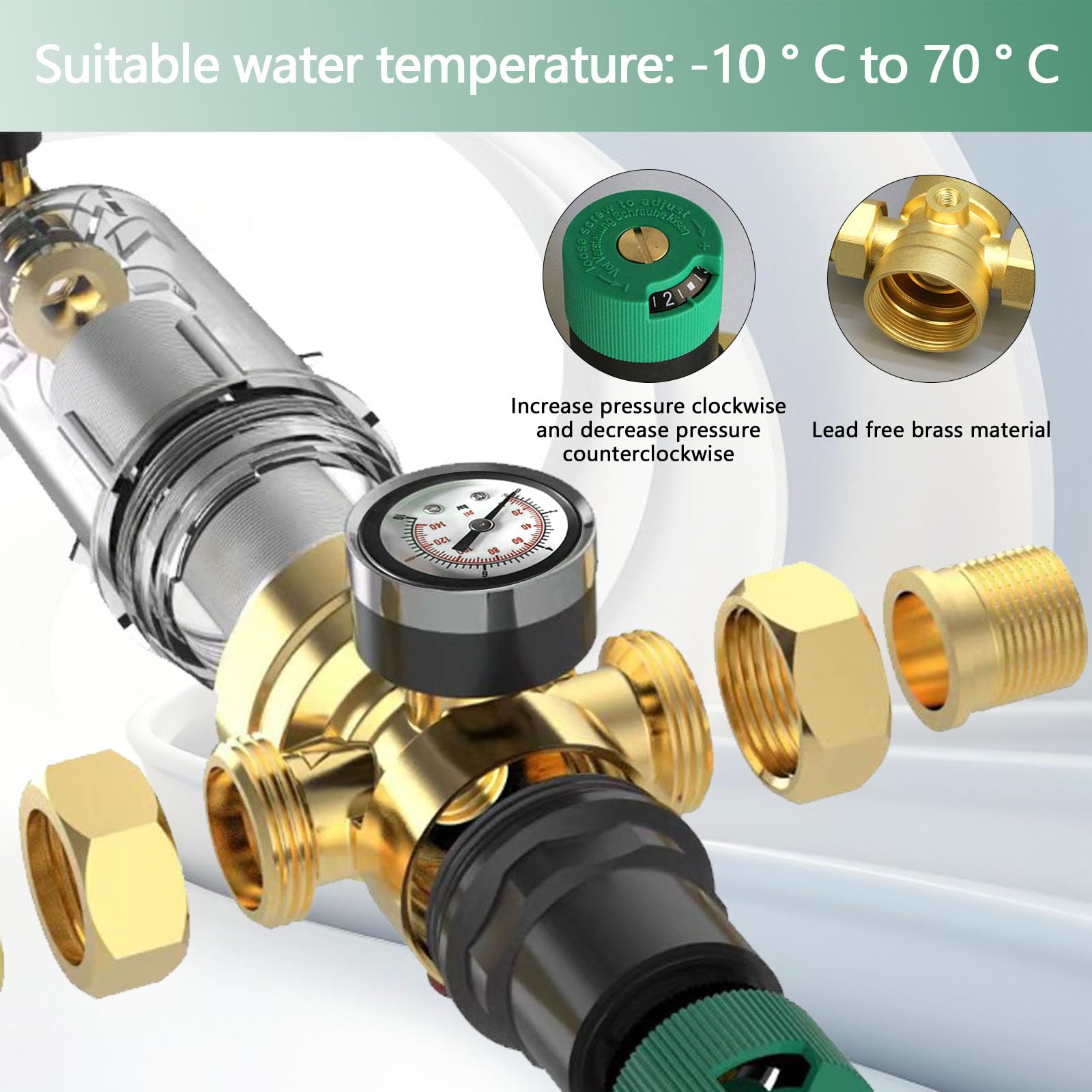 Rückspülfilter mit Druckminderer und Manometer, Wasserfilter 3/4 Zoll Hausanschluss Wiederverwendbare Druckminderer Wasserfilter Vorfilter Sedimentfilter Wasserdruckminderer Druckregler Messing