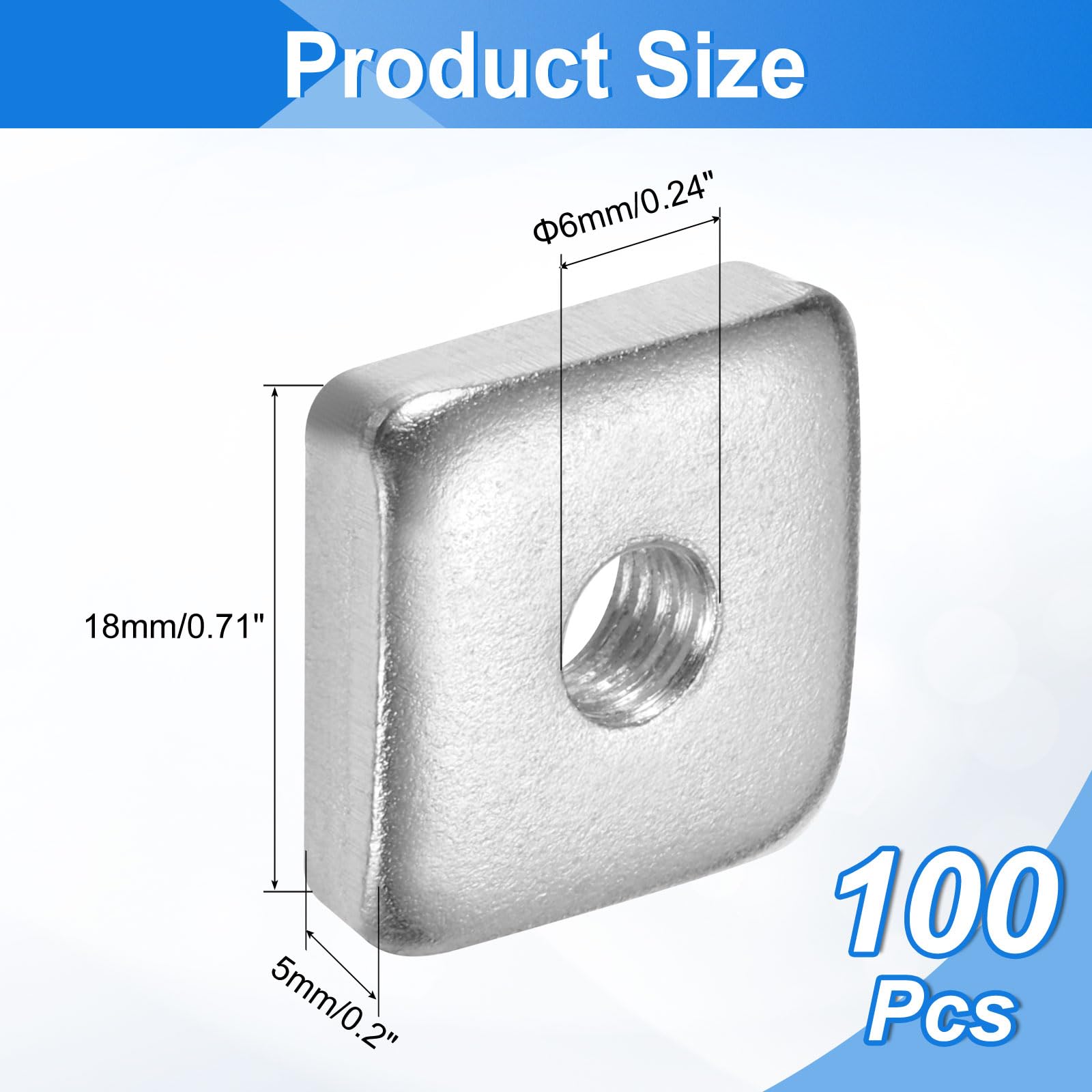 uxcell 100 tuercas cuadradas M6 x 18 mm x 5 mm, acero al carbono, chapado en zinc, tuercas cuadradas de rosca gruesa para reparaciones del hogar e ingeniería profesional, color plateado