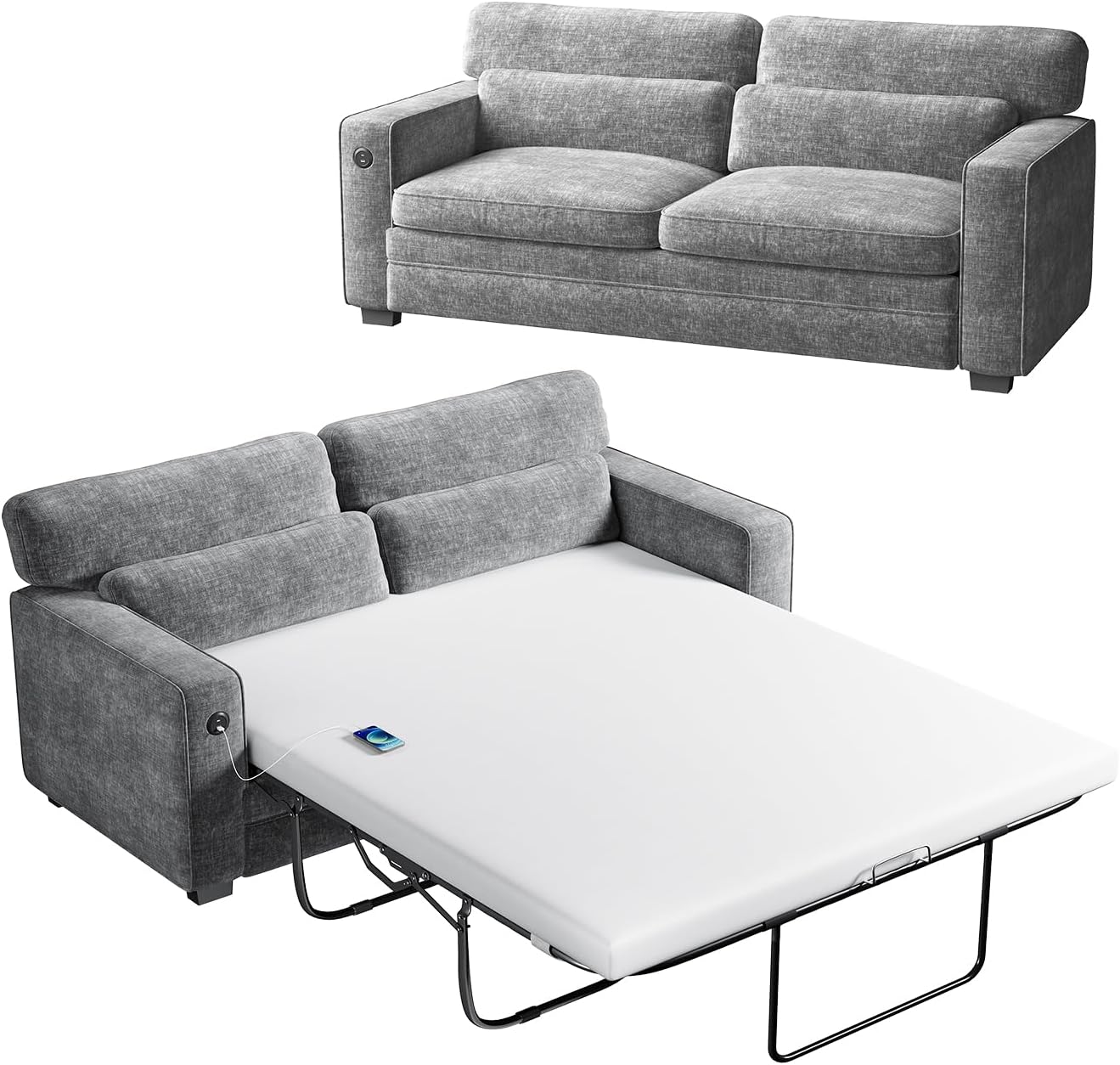 Marsail Pull Out Sofa Bed, Queen Size Sleeper Sofa with Memory Foam Mattress, 2 USB Charging and Removable Covers, Loveseat for Living Room, Apartment, Supports 600 LBS, Chenille Fabric, Grey - Thumbnail 2
