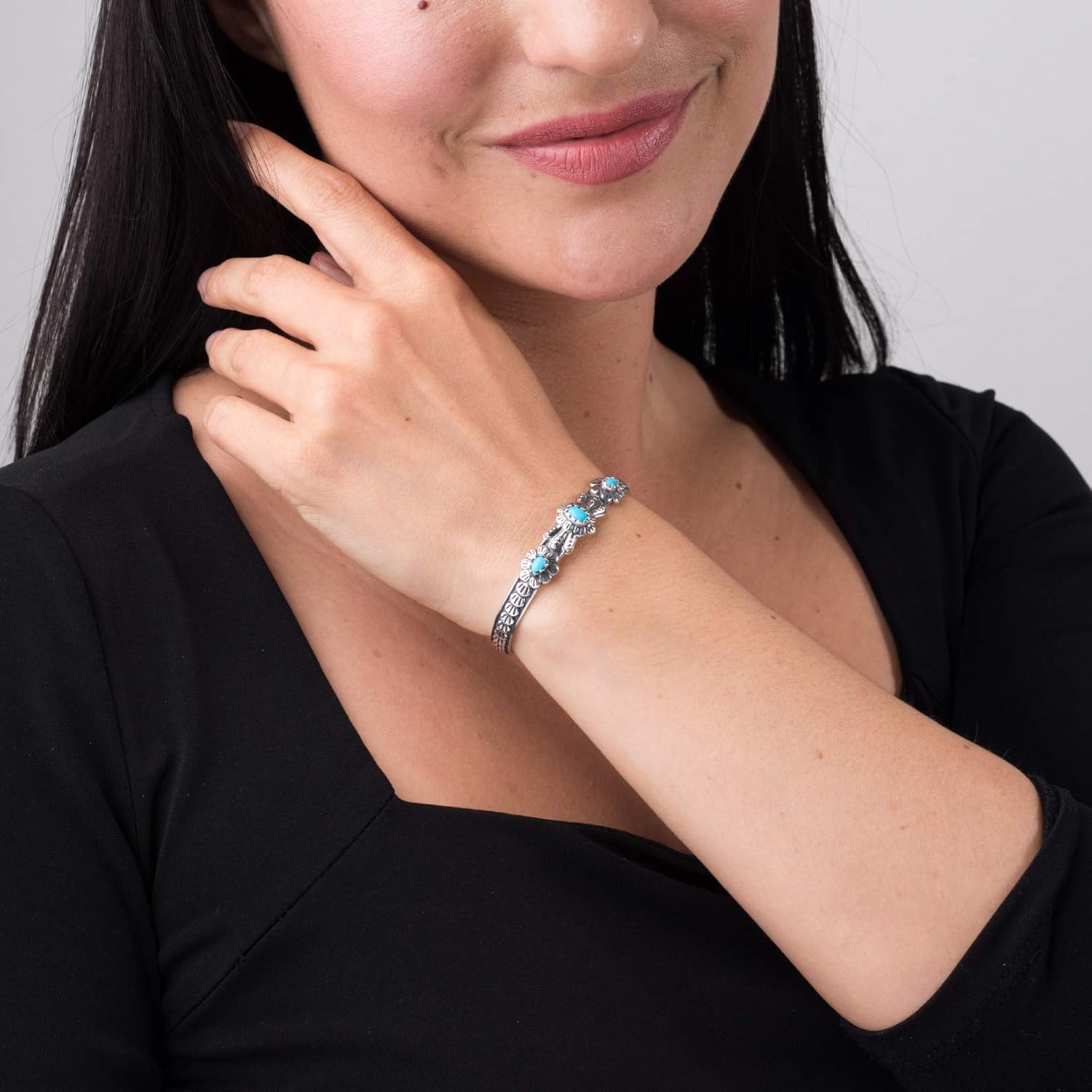 American West Sterling Silver Women's Cuff Bracelet Sleeping Beauty Turquoise Gemstone Flower Concha Design Size Small Medium Large