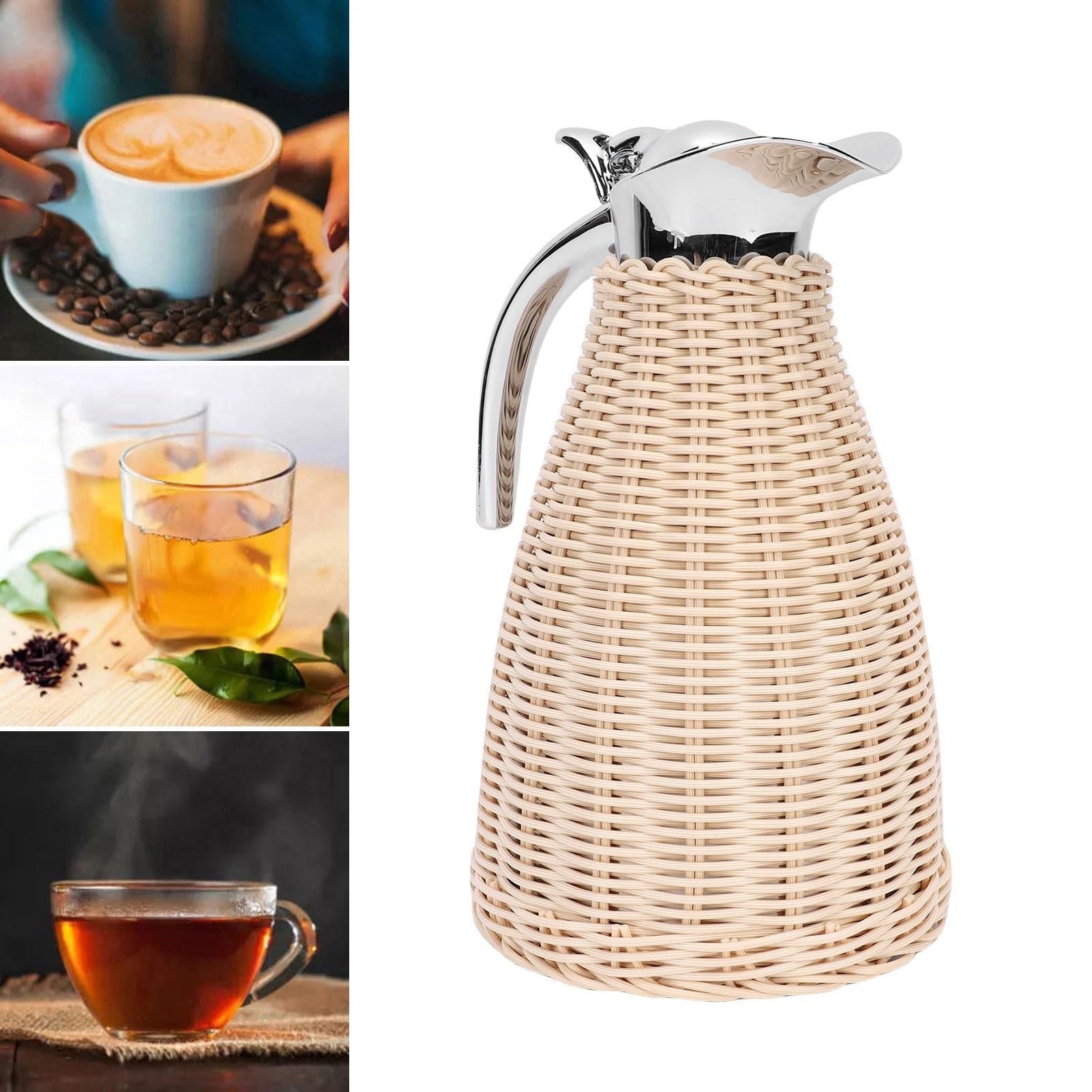 SIXRUN Carafe Tossicola Termica in Acciaio Inossidabile in Acciaio Inossidabile Intrecciato, 1,5 Litri di Brocca Isolata a Parete, Calore di 12 Ore, Fidelizzazione a Freddo 24 Ore, (Beige)