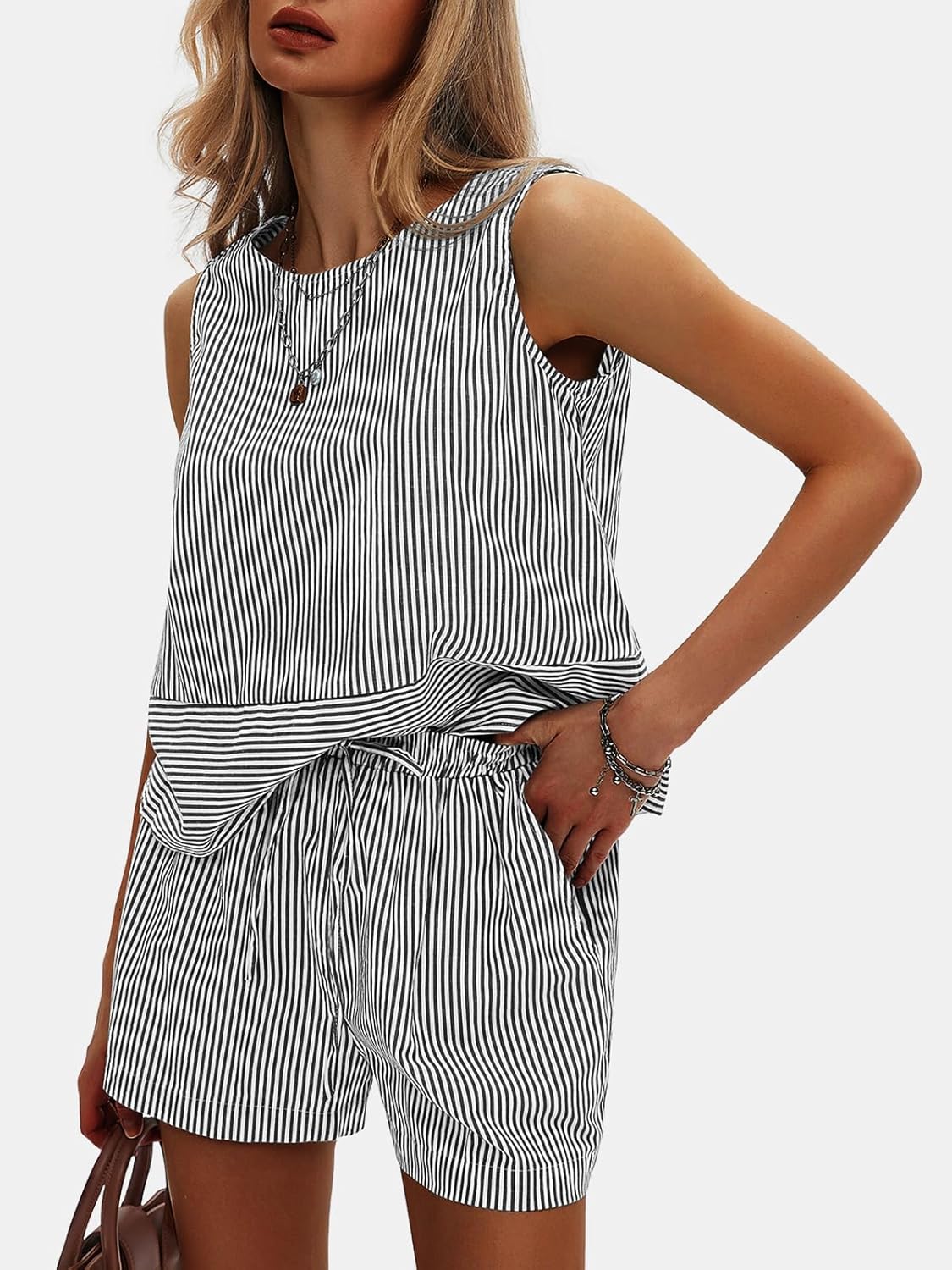 EXLURA Womens 100% Cotton Summer 2 Piece Outfits Sleeveless Tank Tops Matching Shorts Sets Striped Cruise Beach Vacation 2026 - Image 4