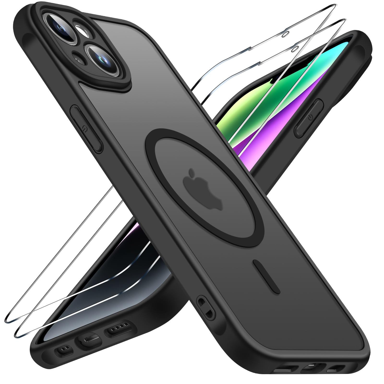 ivoler 3 in 1 Magnetisch Hülle für iPhone 14, Matt Schwarz | mit 2 Stück Panzer Schutz Glas, Vollständiger Kameraschutz, Silikon , militärischer Schutz, kratzfest, schmale