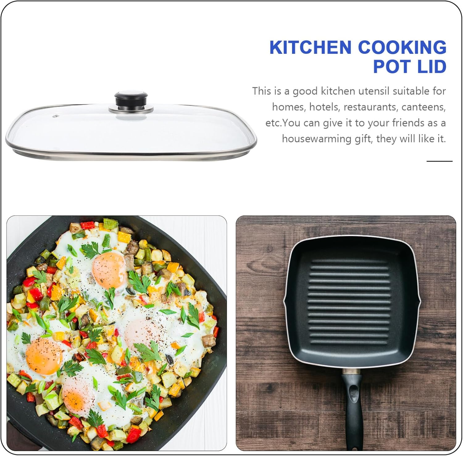 Yardwe Glass Lid Universal Frying Pan Lid Replacement Frying Pan Cover Square Style1