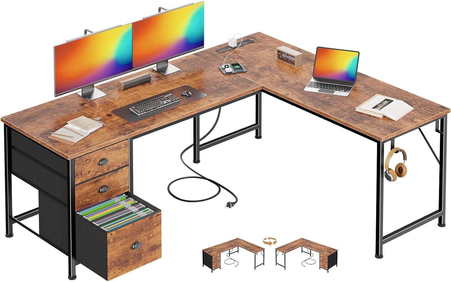 Furologee 63" L Shaped Computer Desk with Power Outlet & USB-C Port, Reversible Home Office Desk with 2 Fabric Drawers, File Cabinet, Hooks, Large Corner Table for Gaming, Writing, Work, Rustic Brown