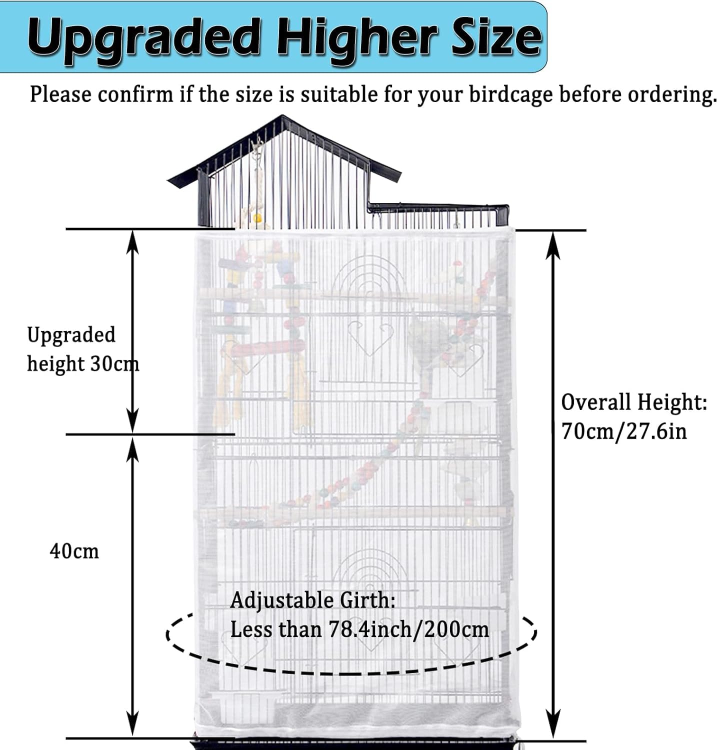 ASOCEA Grande Copertura per Gabbia Uccelli, Universale Rete per Gabbia Pappagalli Nylon Copertura Gonna per Gabbia per Uccelli per Gabbie Rotonde e Quadrate (Bianco, 78.7 * 27.6in/200 * 70cm)