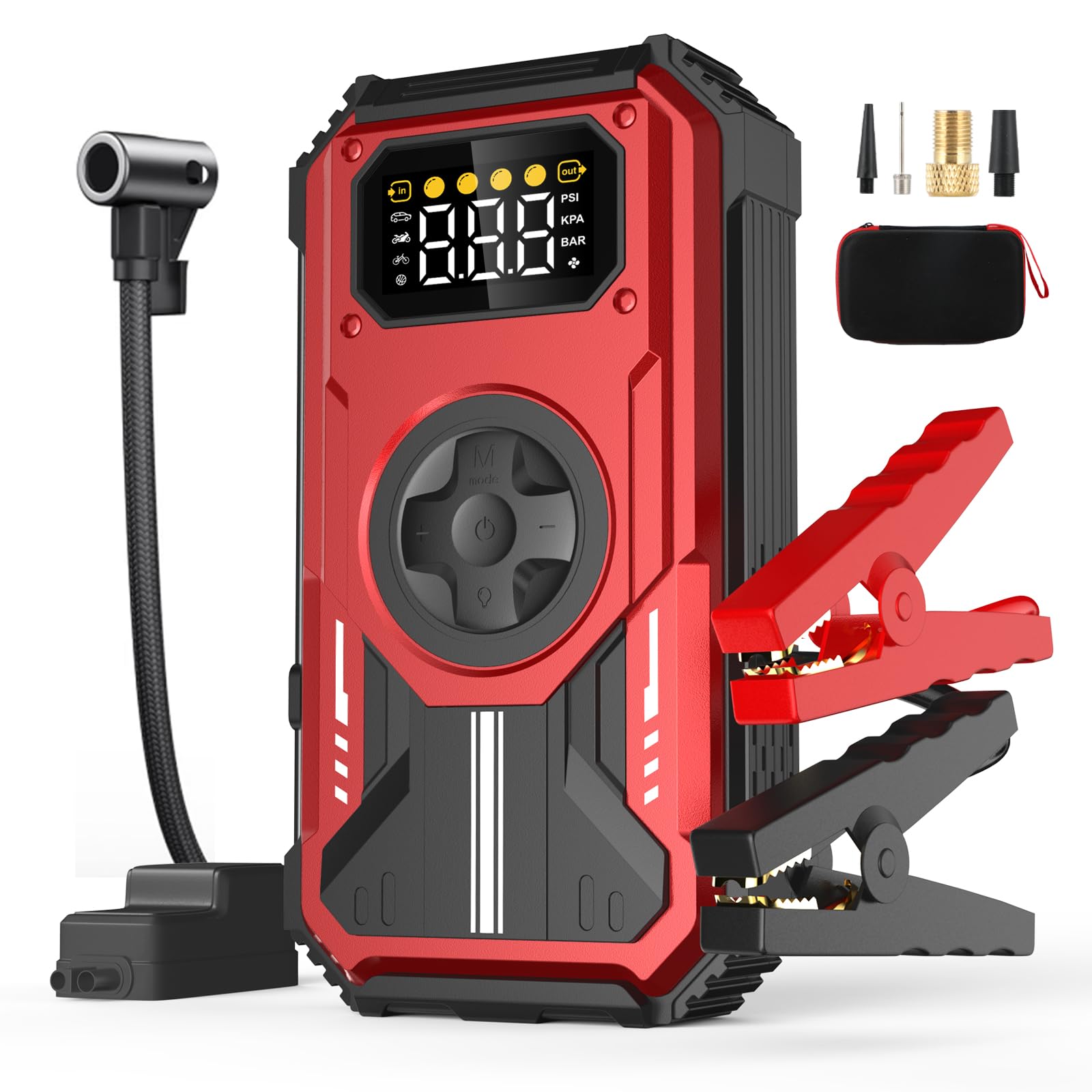 Eigotrav 7-in-1 Starthilfe Powerbank für PKW, 7000A Booster Auto Starthilfe (Bis zu 10L Benzin, 8L Diesel), 12V Jump Starter mit 150 PSI Kompressor, LED Taschenlampe, LCD Display