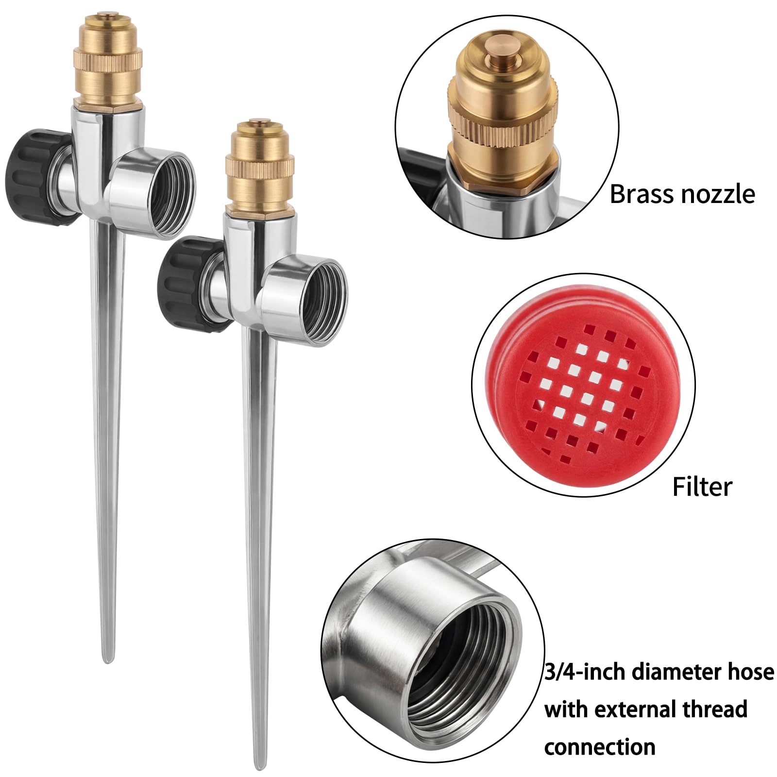 Rasensprenger für Hof, Metall, 360°-Abdeckung, Sprinkler mit Aluminium-Legierung, verstellbarer Wasserdurchfluss, Messingdüse für Hof, Garten, Gemüse, kleine/mittlere Rasenbewässerung, 2 Stück