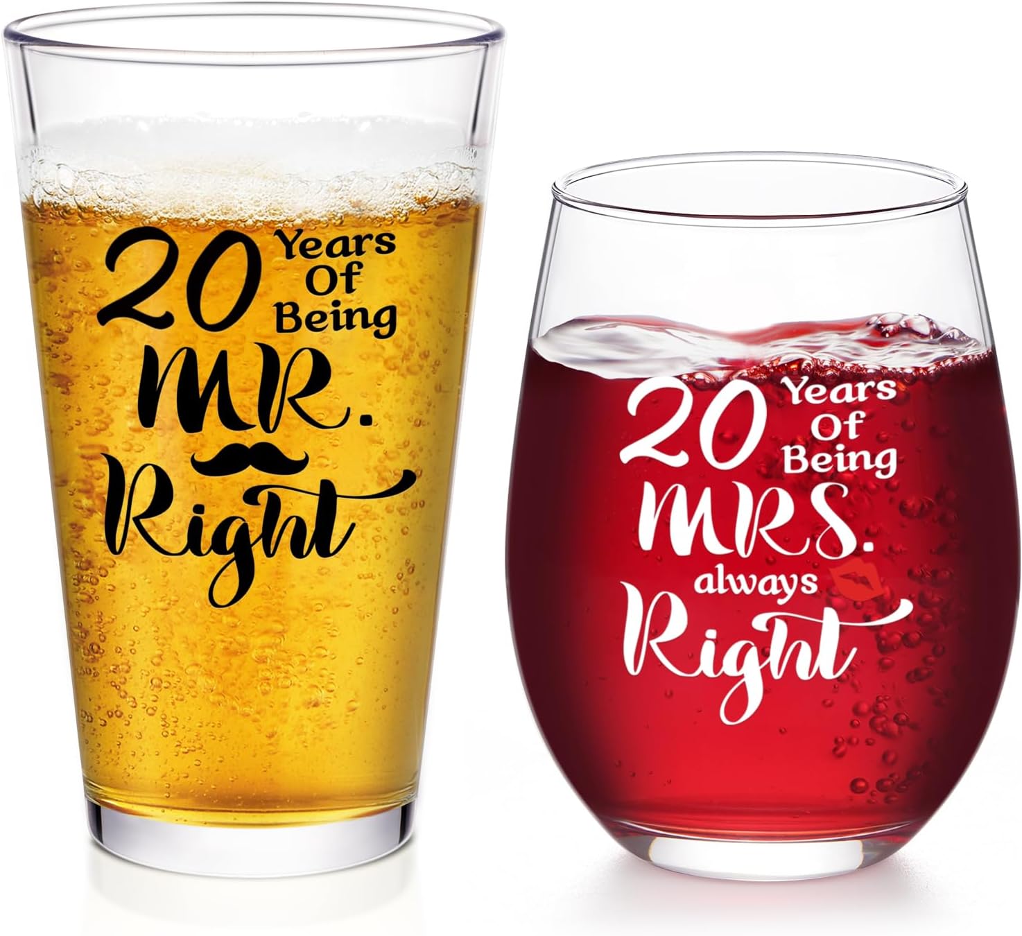 Futtumy 20th Anniversary Glass Gifts Set, 20 Years of Being Mr Right & Mrs Always Right 17oz Wine 15oz Beer Glass, 20th Wedding Anniversary for Wife Husband Couple Parents Grandparents Friends