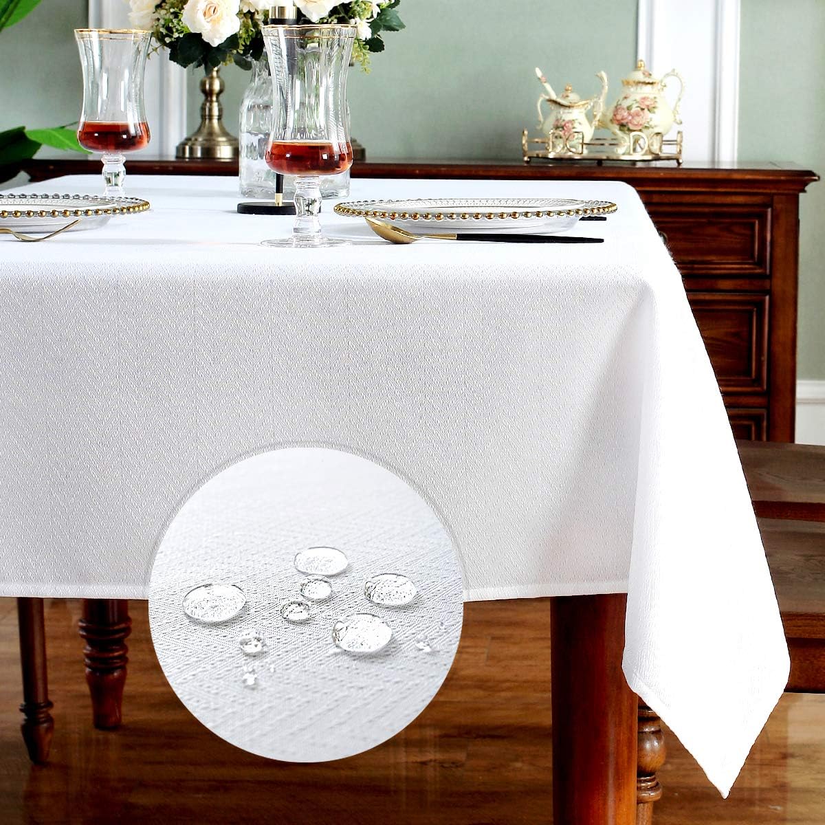 SMART&CASUAL Table Cloth Rectangle Jacquard Waved Waterproof Spillproof Wrinkle Free Washable Fall Tablecloth Decorative Cover Holiday Parties Kitchen Dining (White 60" x 104")