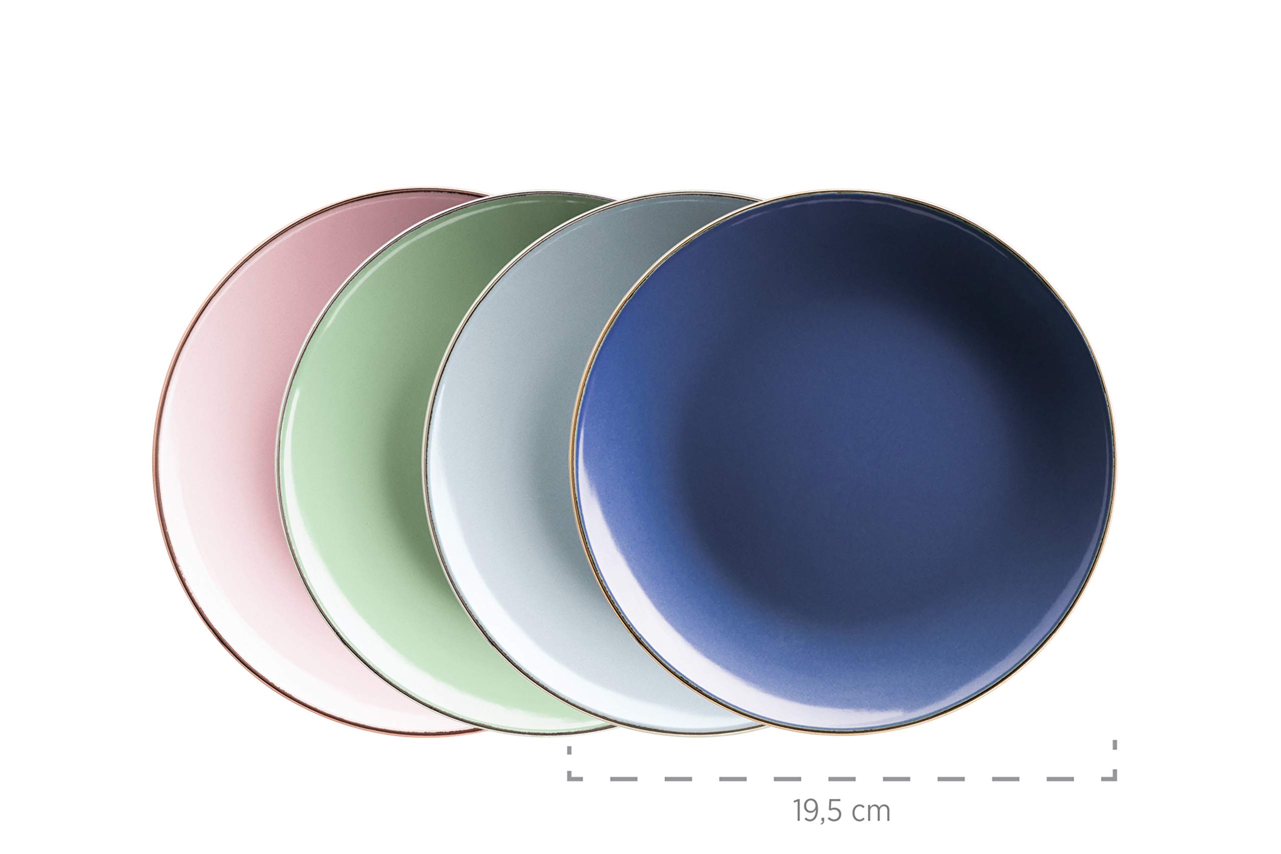 MÄSER 931870 Metallic Rim, Modernes Geschirr Set für 4 Personen mit messingfarbenem Rand, 16-teiliges Kombiservice mit randlosen Coupe-Formen, bunt, Steinzeug, pastell'n'blue