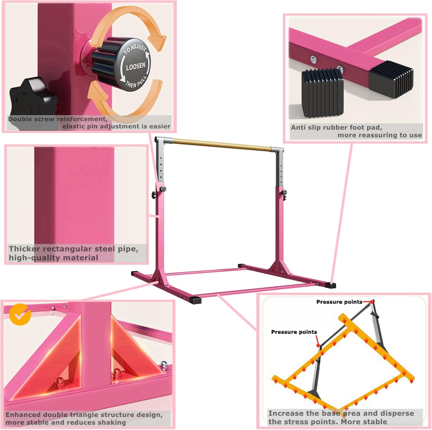 Gymnastic Kip Bar for Kids Training Horizontal Bars for Home Ages 3-15 Adjustable Height Non-Slip Gym Equipment Indoor with Rings