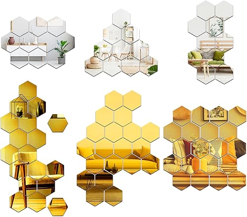 42 pegatinas hexagonales para pared de espejo acrílico extraíble para dormitorio, hogar, sala de estar, decoración (oro, plata, 3.9 x 3.4 x 2.0in)