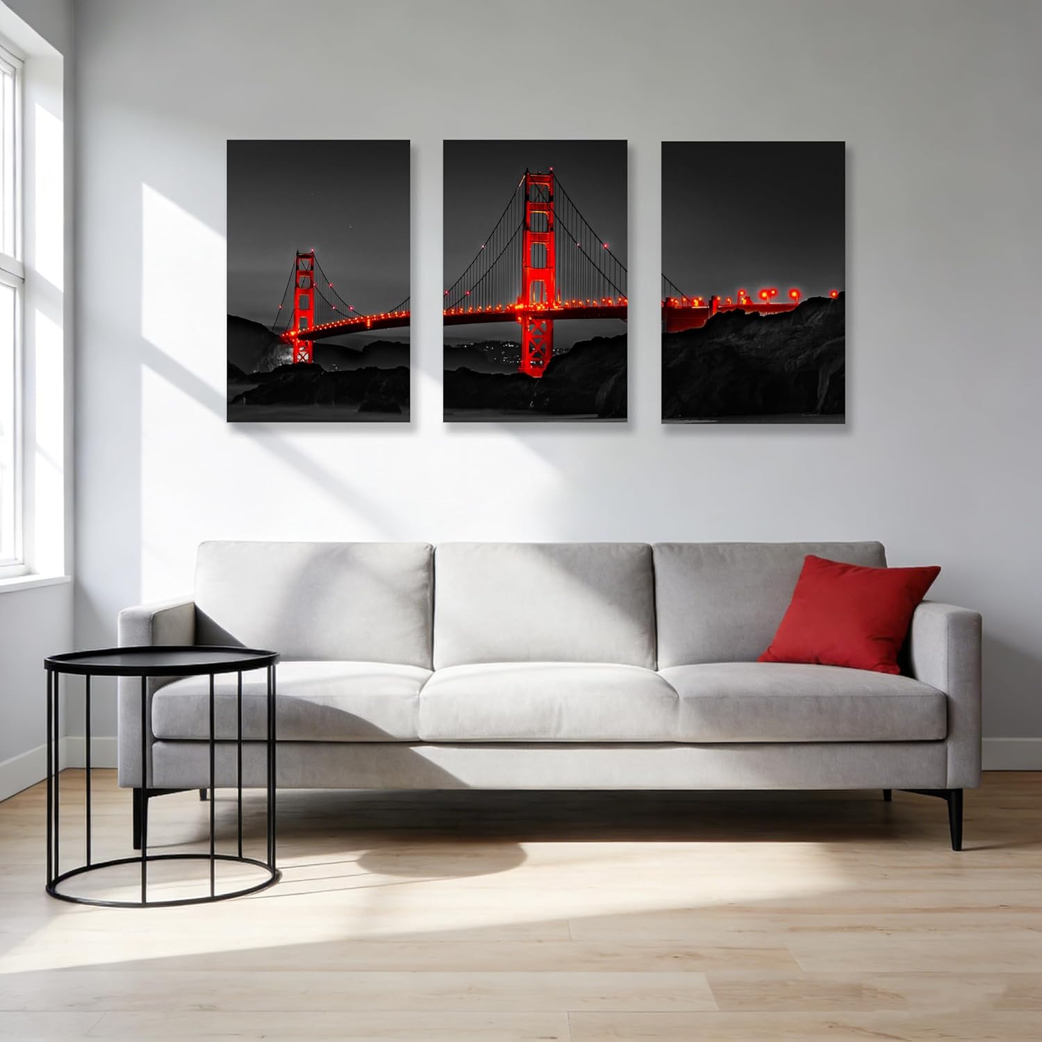 3 piece Large Black and Red Wall Art Set Golden Gate Bridge Skyline Canvas Wall Art San Francisco Bay Area Landscape Pictures Prints Artwork for Office decor Living Room Bedroom Decoration Poster
