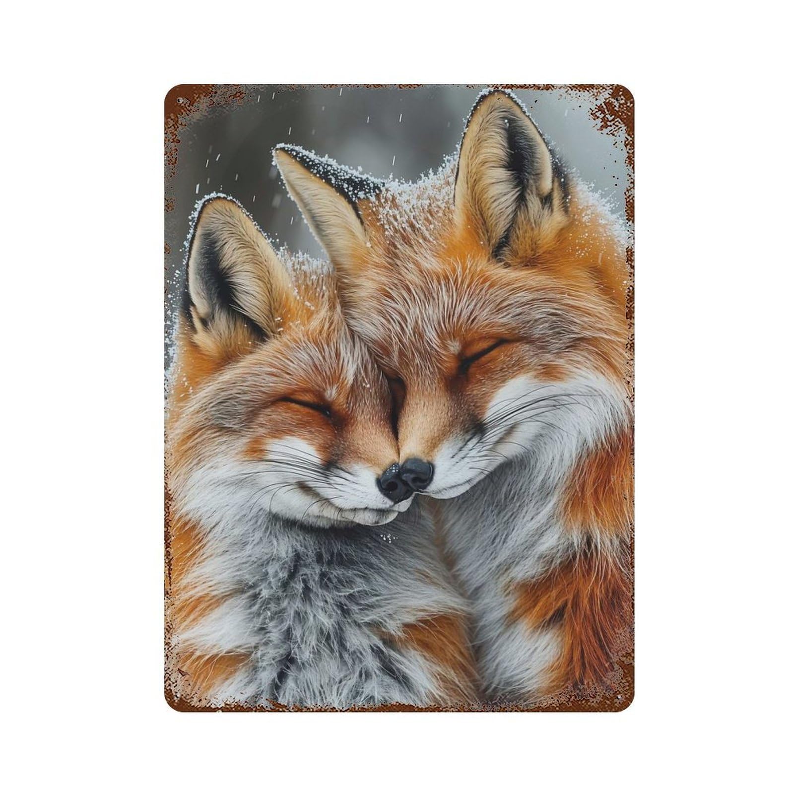 Rust Effect Two Foxes Cuddling in The Snow Retro Metal Sign 15.7"x11.8", Farmhouse Wall Decor for Living Room, Hallway And Home Decor