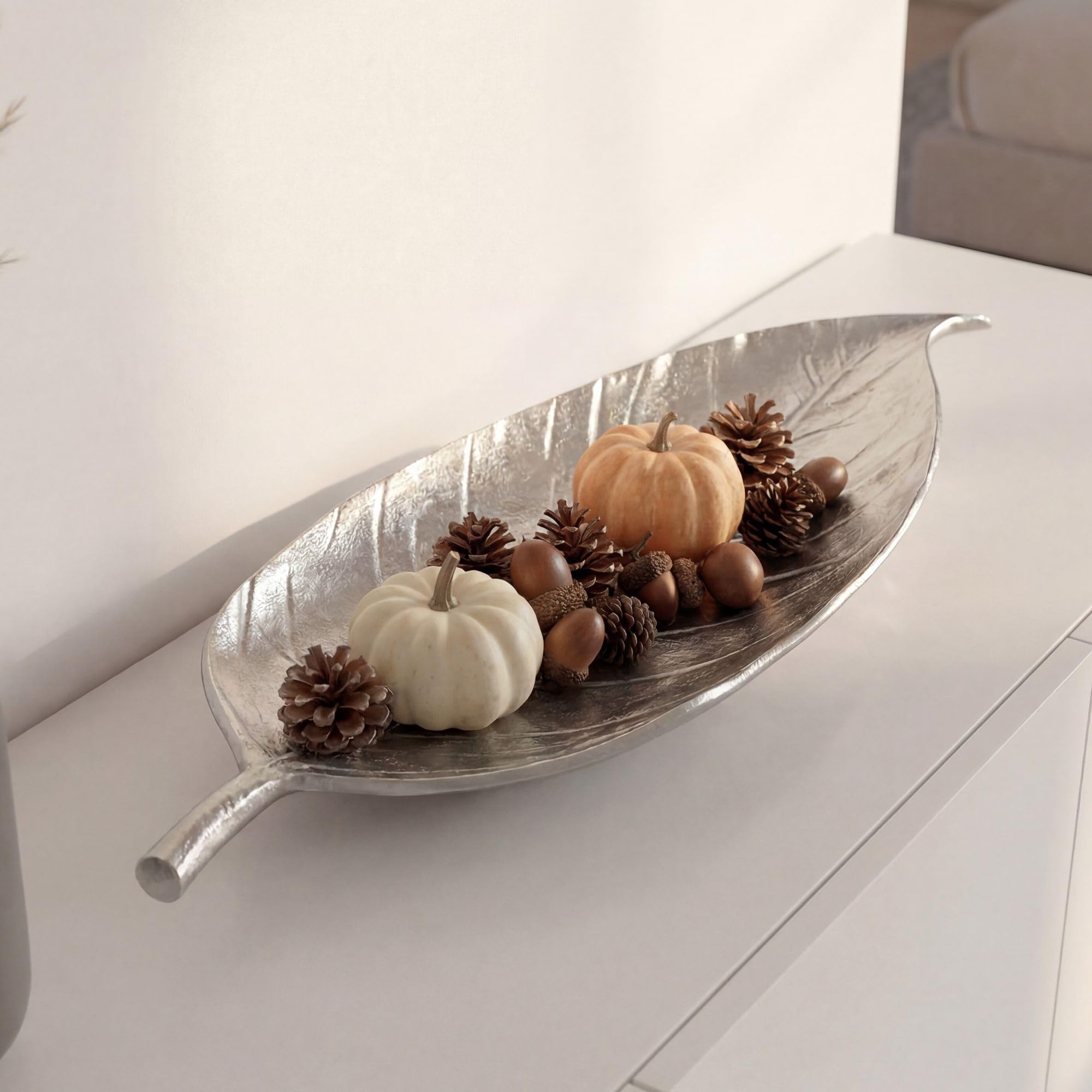 FineBuy Misa Dekoracyjna Liść 61 cm Aluminium Srebrna