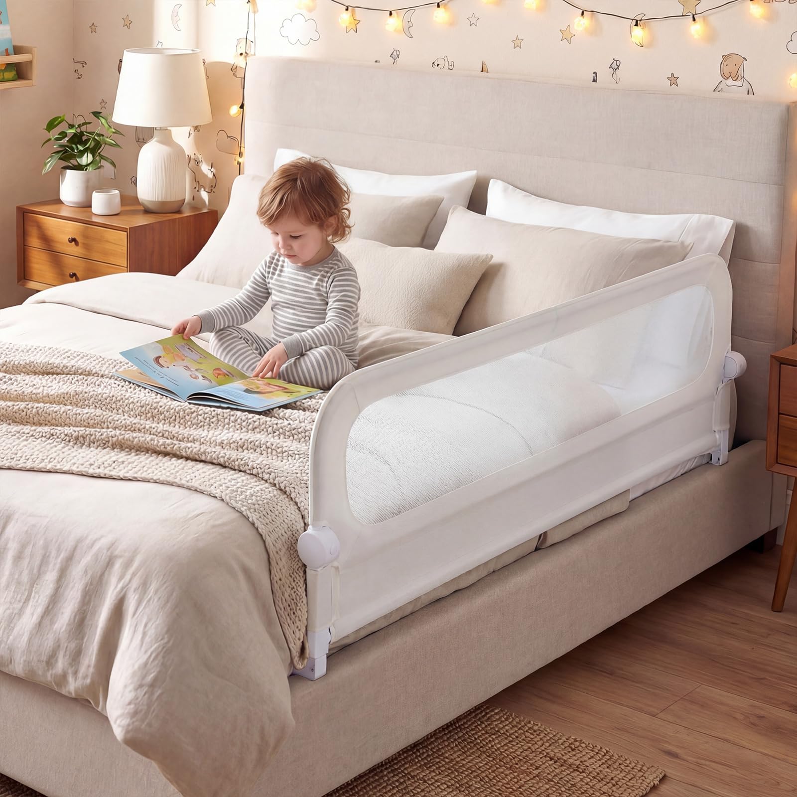 FANTASK Bettgitter klappbar, Kinderschutzgitter mit U-förmigem Gestell & Gurt, Bettschutzgitter mit abnehmbarem Oxford-Bezug, Rausfallschutz für Kinderbett Elternbett Boxspringbett (Weiß, 180 x 60 cm)