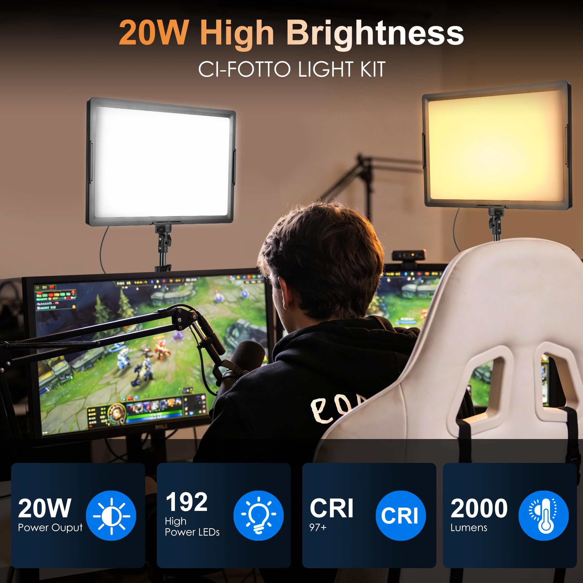 20W Luz LED Foto Video 2-Pack, Ci-Fotto Luces LED Continua Bicolor 2800-6500K Regulable, 175cm Kit de Iluminación Fotográfica CRI 97+ 2000LM para Estudios, Youtube TikTok Grabación de Video,Streaming