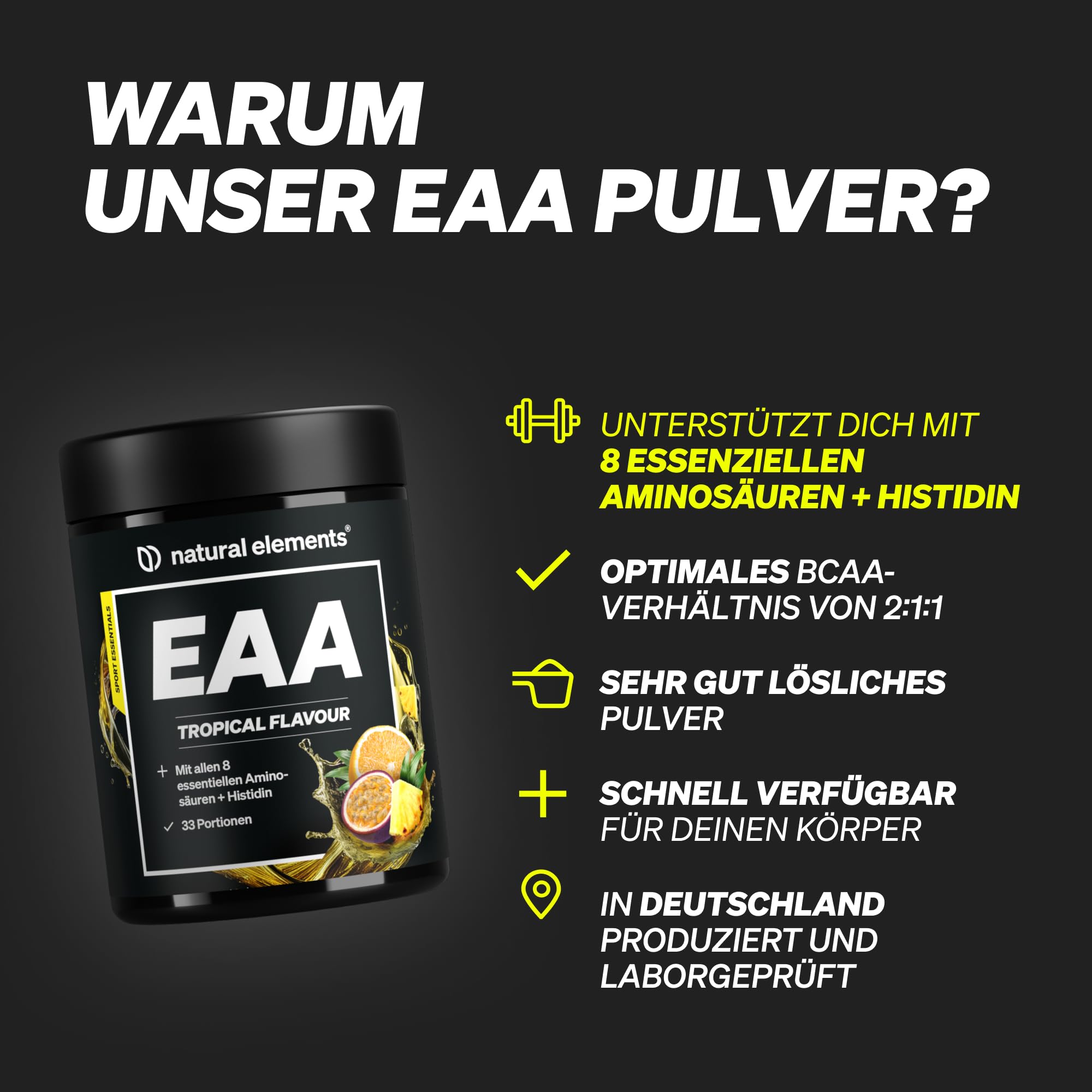 EAA Pulver – 500g – Tropical Flavour – alle 8 essenziellen Aminosäuren + Histidin – zur Zubereitung von Sport-Drinks – vegan, zuckerfrei* – in Deutschland entwickelt & laborgeprüft