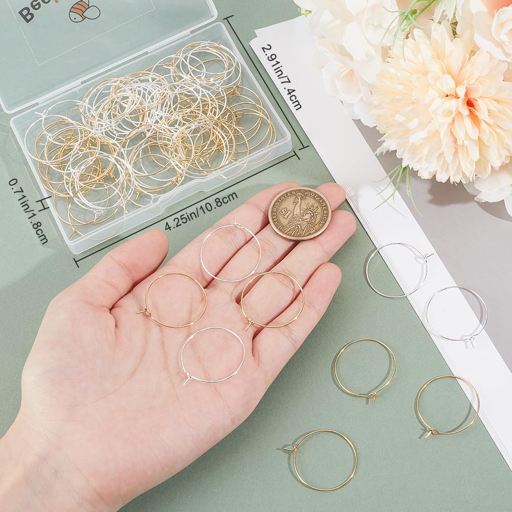 Beebeecraft 1 Box 100Pcs 2 Colors Earring Findings Hoops 18K Gold Plated 316 Stainless Steel Round Wine Glass Charm Rings Open Beading Hoops for Jewelry Making Festival DIY Crafts Art Accessories
