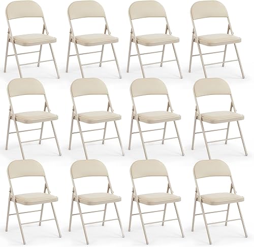 DUMOS Paquete de 12 sillas plegables acolchadas de cuero, asiento comercial apilable portátil para interiores y exteriores con marco de acero,