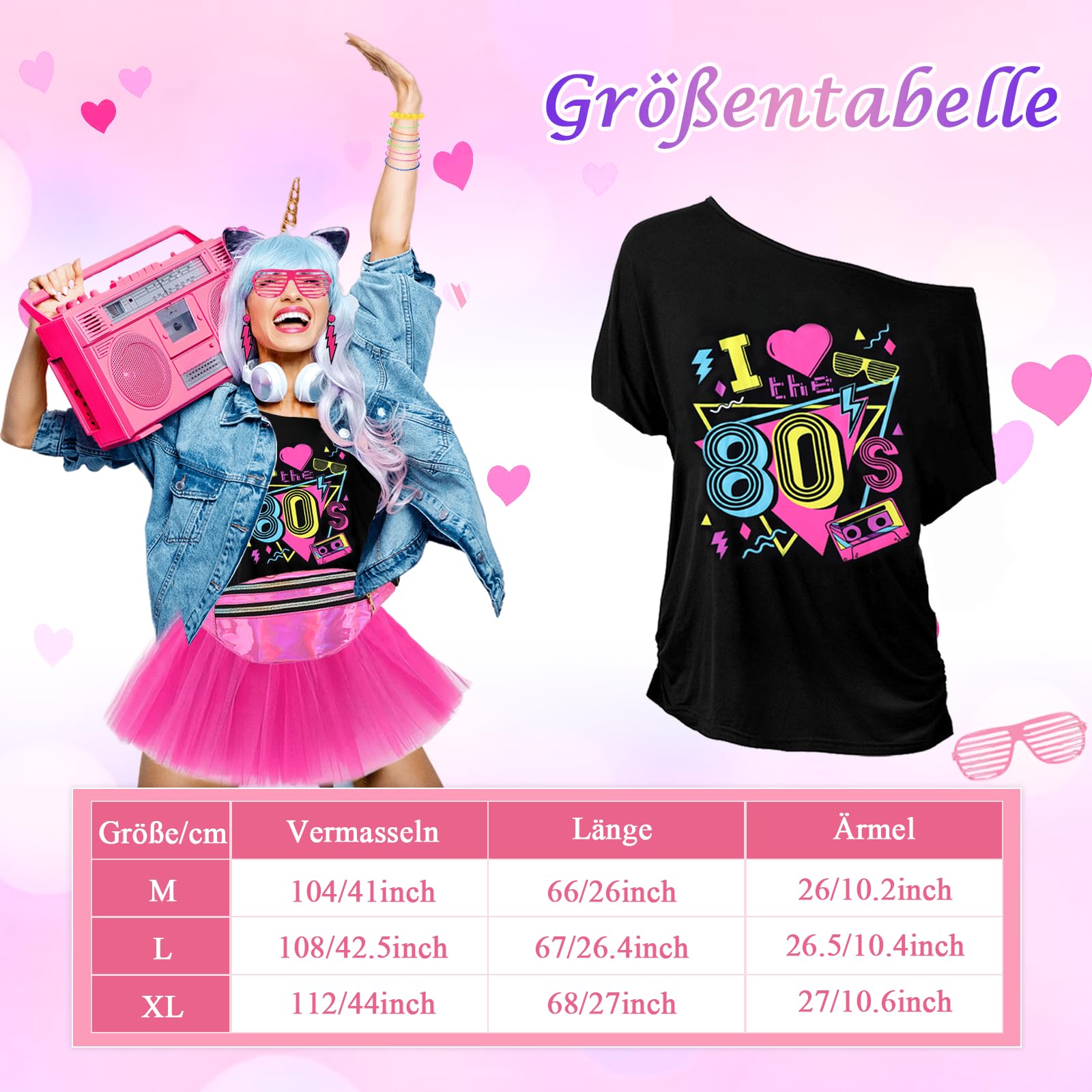 Grantop Zestaw 28 damskich strojów w stylu lat 80-tych XX wieku, w stylu lat 80., t-shirt, tutu, torba na brzuch, kolczyki, rękawice siatkowe, akcesoria na imprezę w stylu retro 80., kostium lat 80