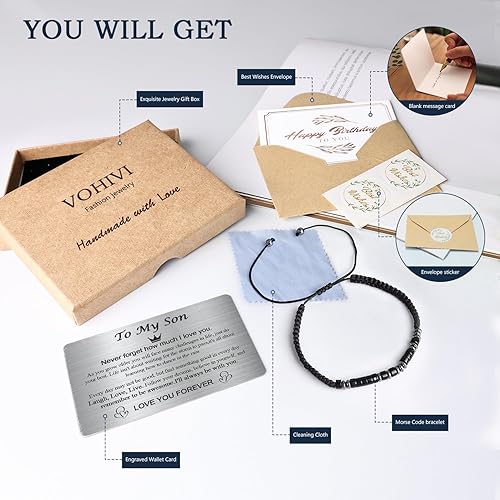 Miniatura 2 de VOHIVI To My Son Bracelet from Mom - Graduation Gifts,Inspirational Gifts for Boy,Morse Code Bracelets with Engraved Wallet Card,Adjustable Handmade