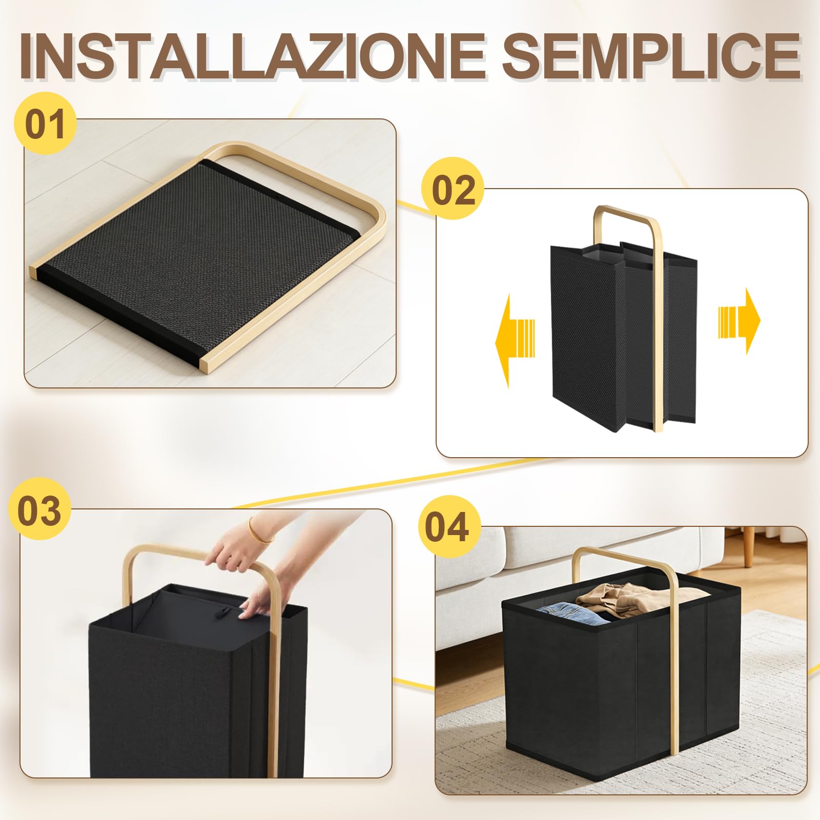 Cesto Portabiancheria Pieghevole, 50 l, Pieghevole in Tessuto Impermeabile, Pieghevoles, con Maniglie, Salvaspazio, per Lavanderia, Bagno e Appartamento (Nero)
