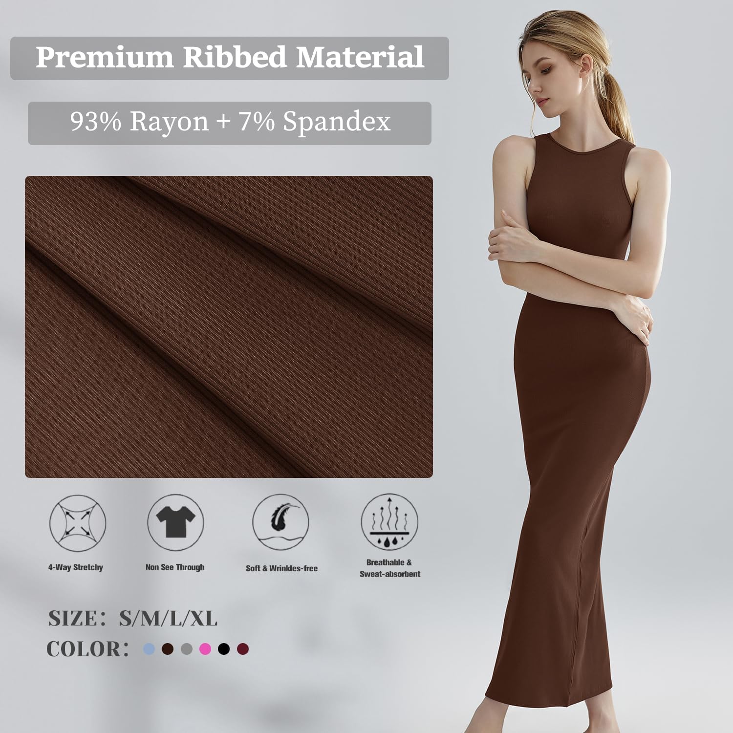 Relety Women's Bodycon Maxi Dresses Ribbed Lounge Tank Long Dresses Elegant Halter Neck Casual Sleeveless Summer Dresses Coffee XS - Image 4