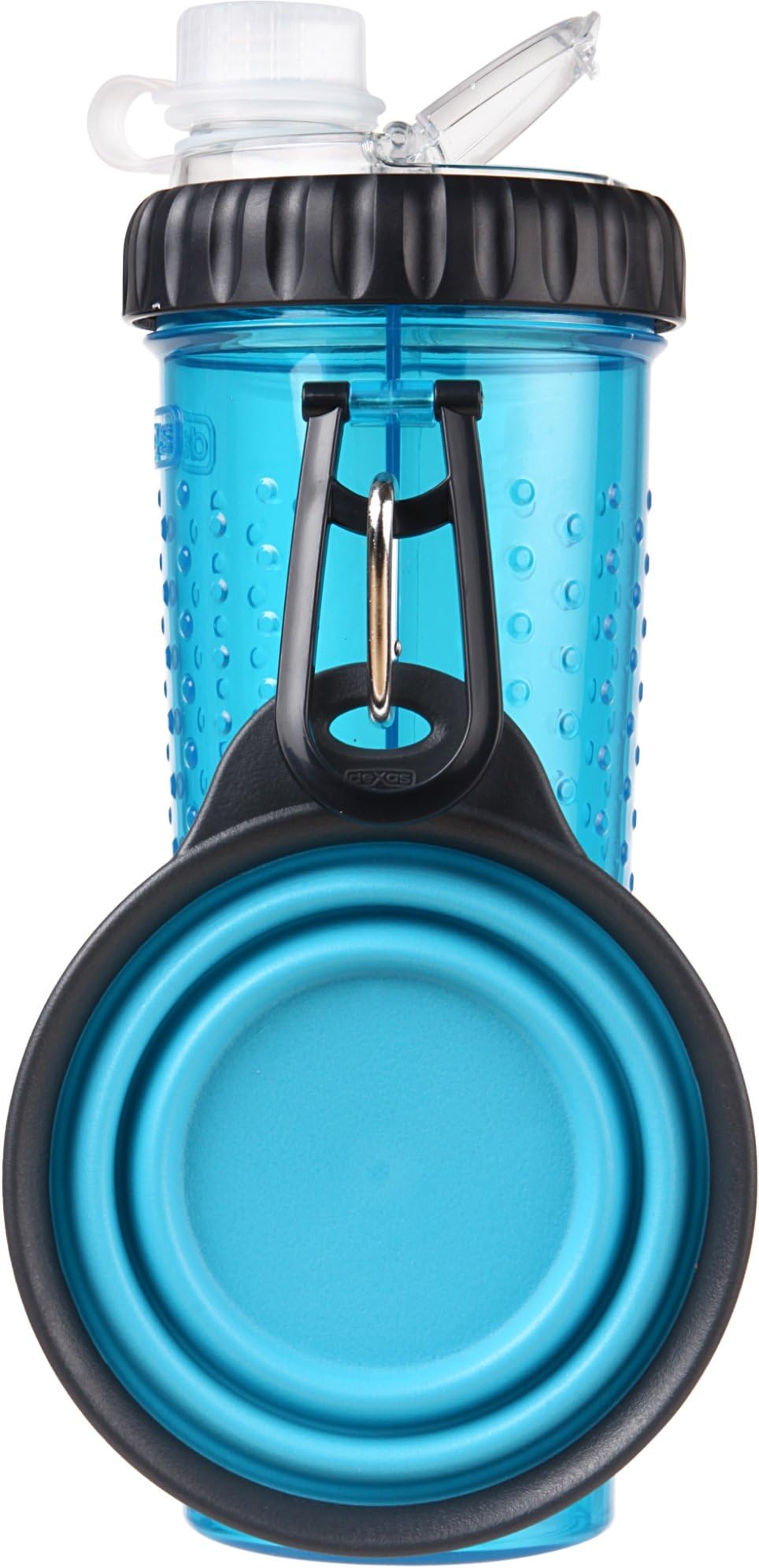Dexas Popware Snack Duo Dual Chambered Hydration Bottle & Snack container with Collapsible Pet Cup, Blue