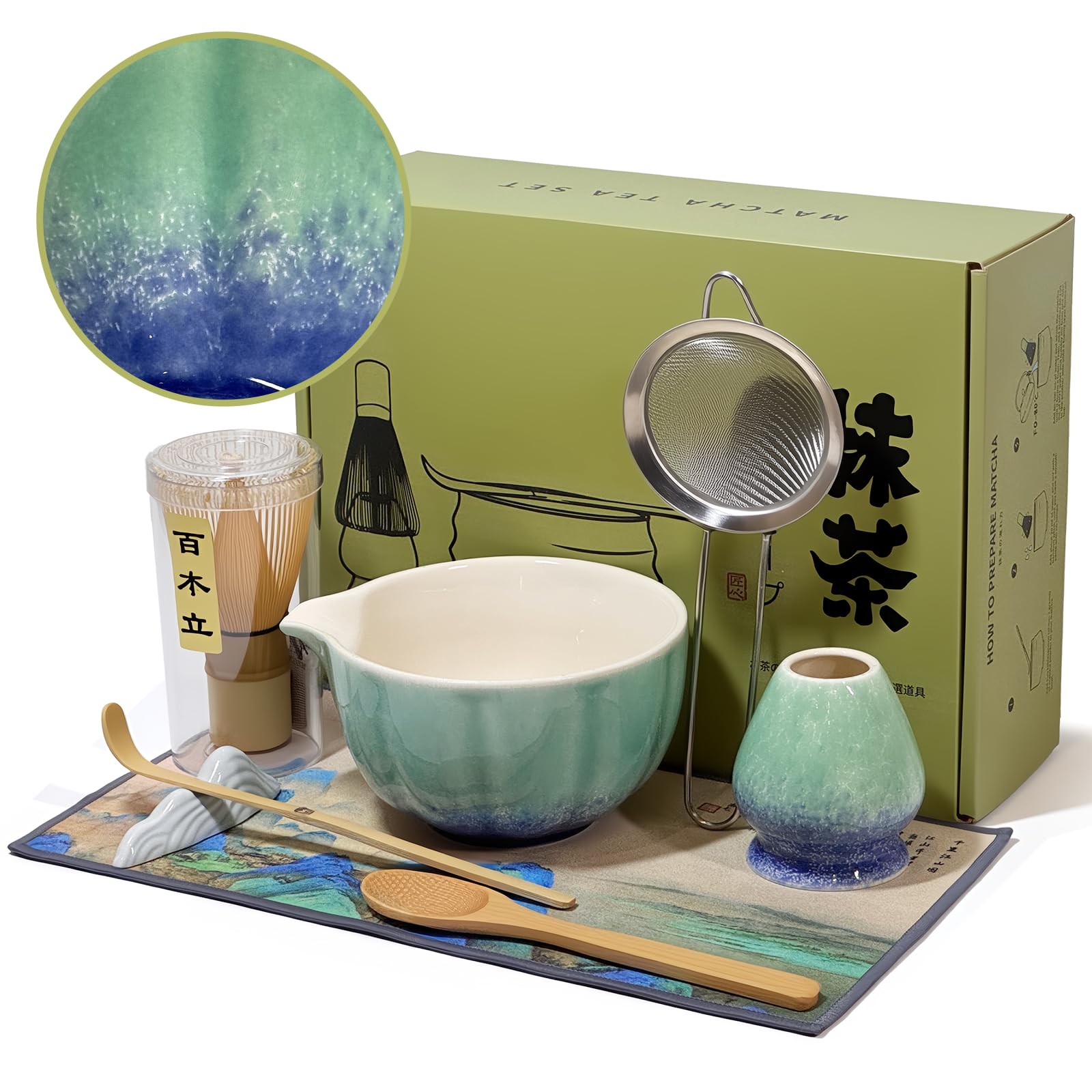 Juego de batidor de matcha con cuenco de cerámica, batidor de bambú (Chasen), cuchara, tamiz y soporte, kit completo para té matcha tradicional, regalos únicos para los amantes del té (escarcha)