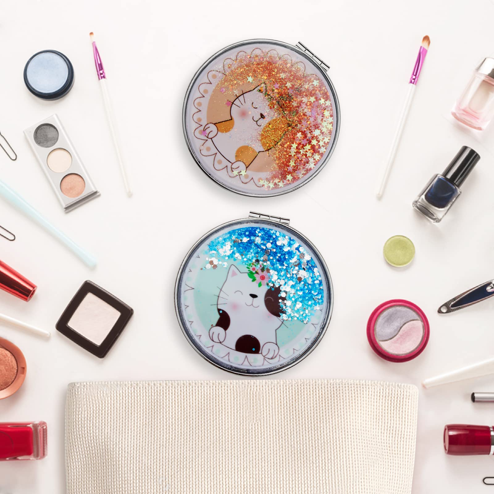 HBTD-SZ 2 Stück Kompaktspiegel Im Treibsand-Design – Mit 1X/2X Vergrößerung, Rund, Aus Metall+PU, Perfekt Für Make-up Unterwegs
