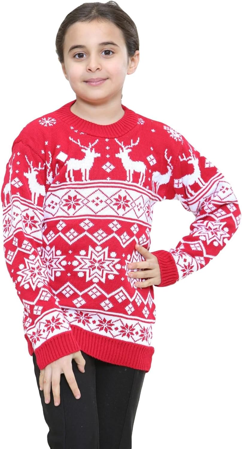 New Girls Boys Christmas Reindeer Snowflake Knitted Kids Xmas Jumper Sweater Top