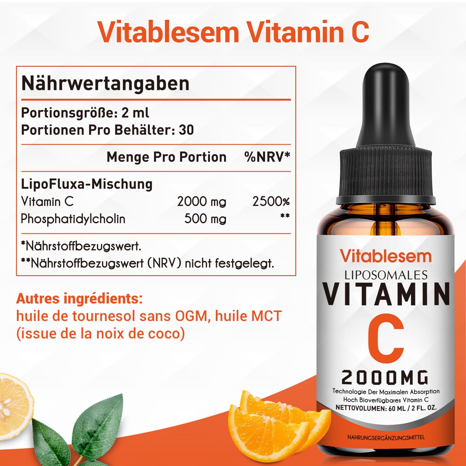 Vitamine C liposomale liquide 2000 mg, gouttes, 2 flacons | Formule végane avec acide ascorbique hautement dosé et absorption maximale pour la routine quotidienne