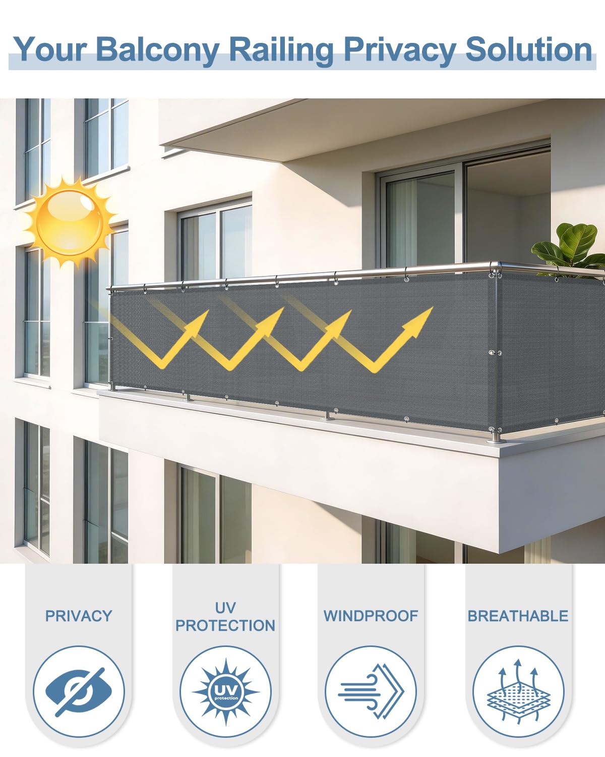 Cool Area Copertura per Recinzione per Balcone, in HDPE, con Occhielli, Protezione UV, Resistente alle intemperie, per Esterni, Cortile, terrazza, Veranda, Patio, ringhiera per Appartamenti, 9 x 30,5