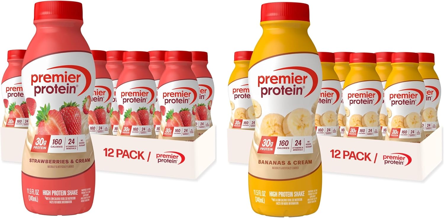 BUNDLE: Premier Protein Shake, Strawberries & Cream (12 Pack) + Bananas & Cream (12 Pack), 30g Protein, 11.5 Fl Oz (24 Shakes Total)